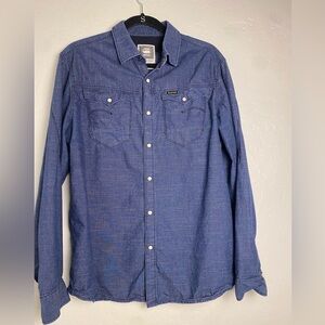 48 G-Star Raw Denim Shirt Mens Blue Medium Pearl snap Button Down Western Cowboy